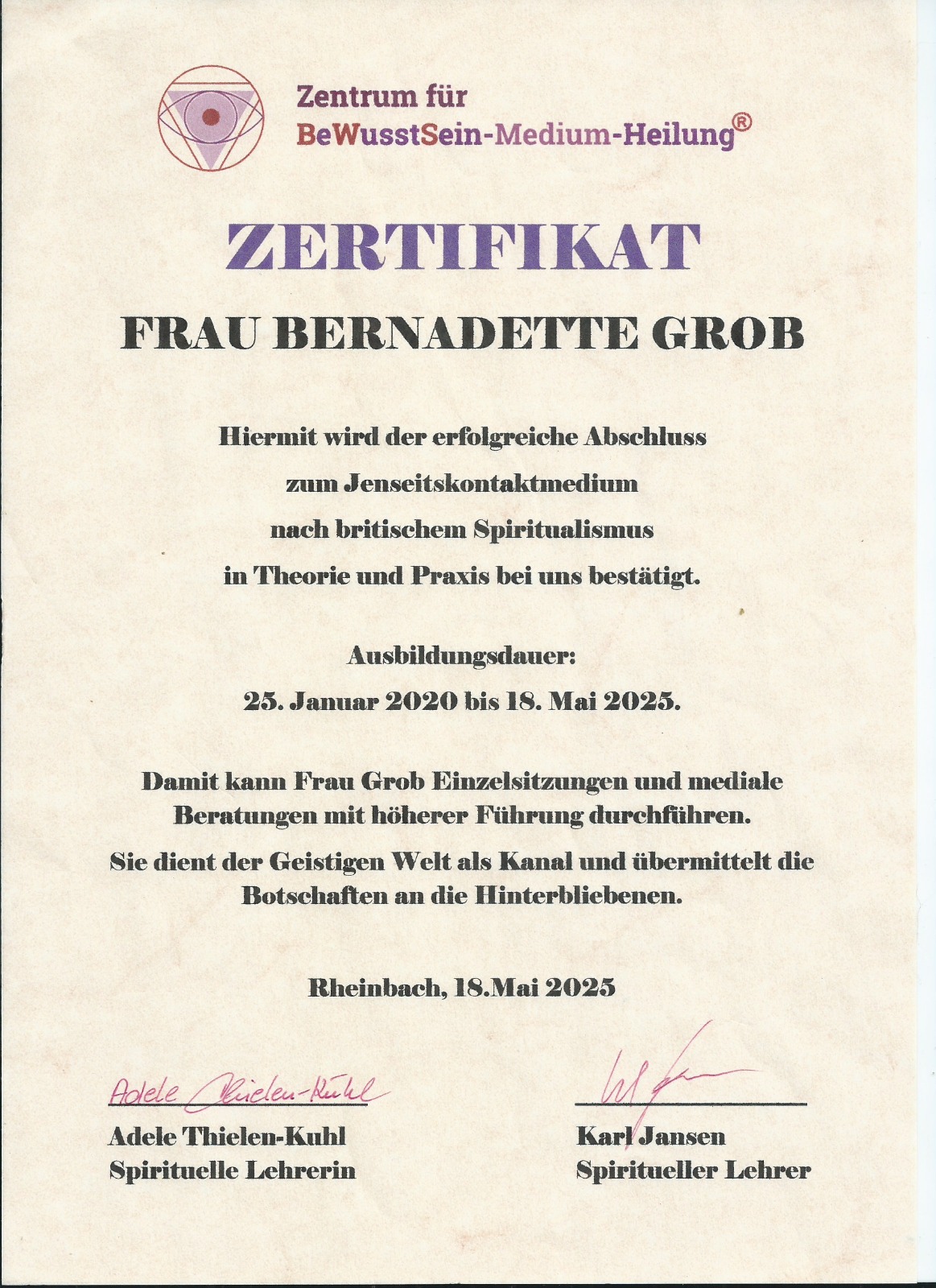 Zertifikat Jenseitskontakte